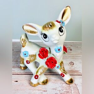 SOLD Vintage Ceramic Deer Figurine w Raised Flowers & Applied Porcelain Roses